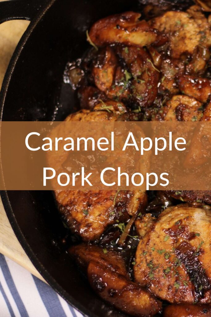 caramel apple pork chops on cast iron skillet 