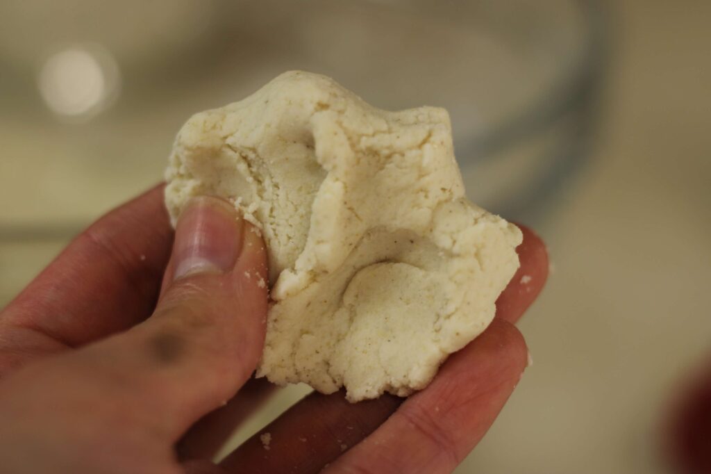 close up of hand holding masa dough to make authentic corn tortillas