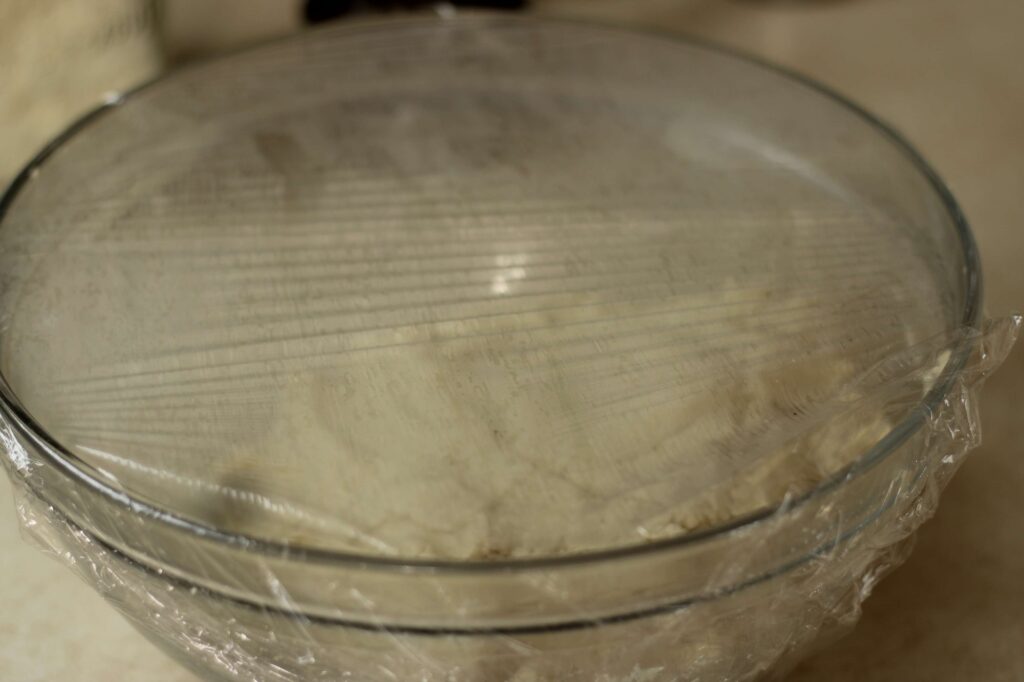 glass bowl covered with plastic wrap