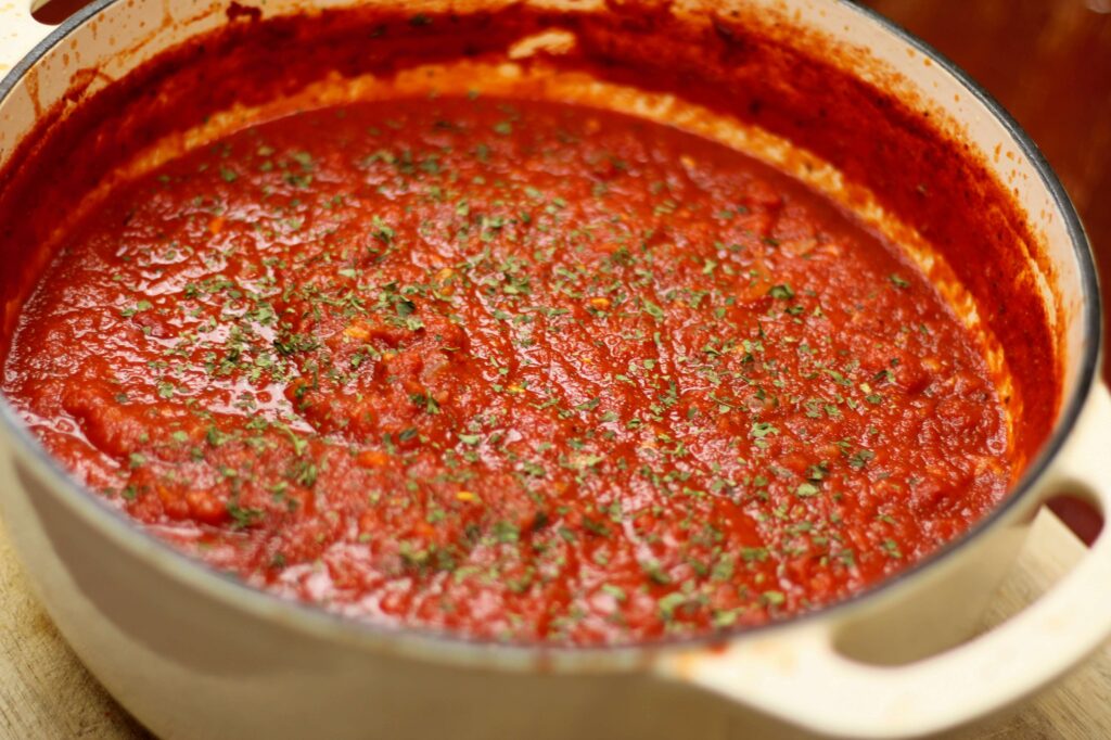 close up of homemade marinara sauce 