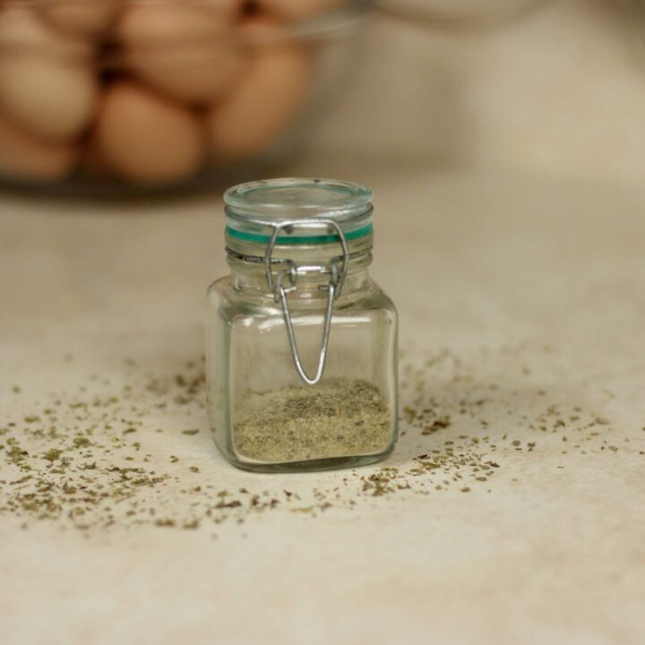 poultry seasoning on a glass jar on the counter