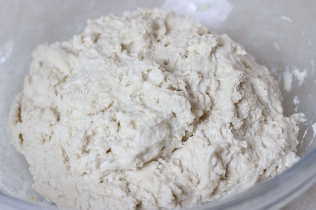 close up of initial sourdough boule dough mix
