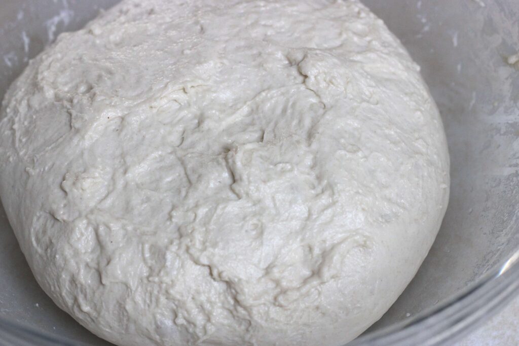 artisan sourdough boule dough after third stretch