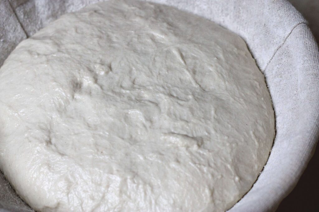 sourdough boule second rise on bread basket