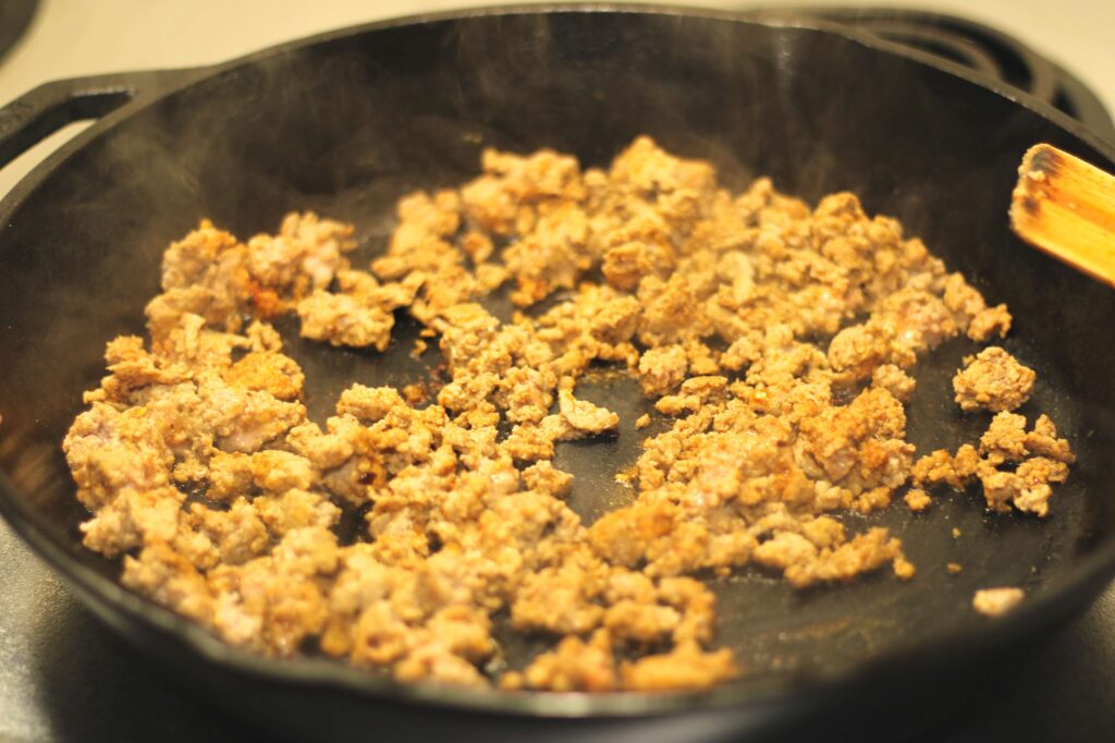 ground turkey fried in cast iron skillet