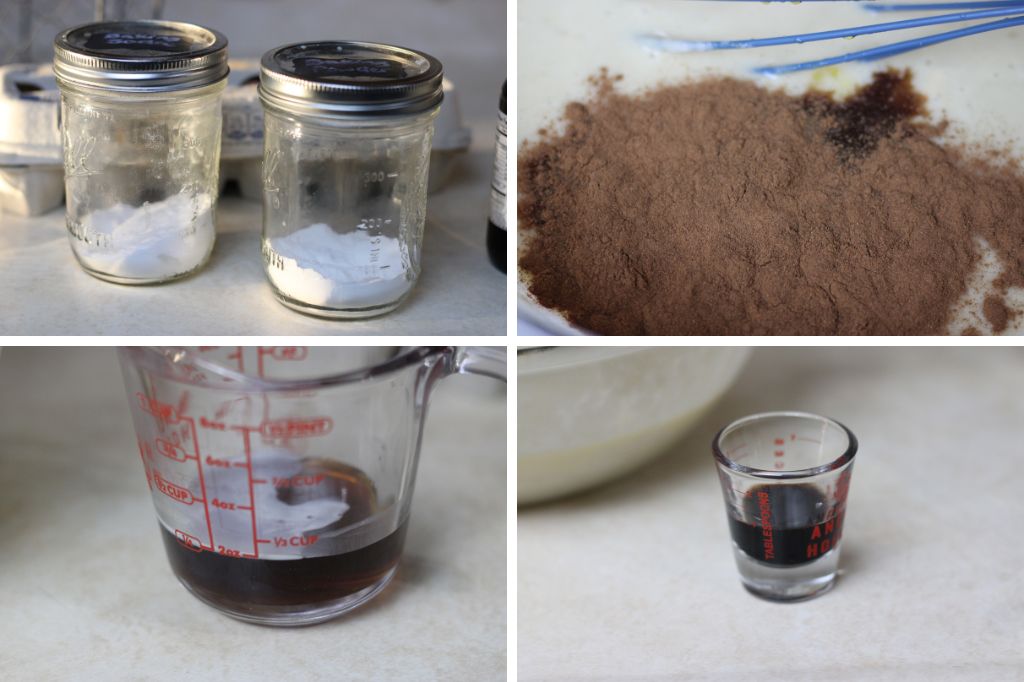 baking powder, baking soda, cinnamon, maple syrup in measuring cup, vanilla extract in measuring cup