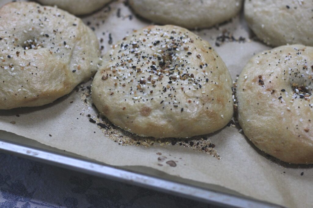 freshly baked sourdough bagels on baking sheet