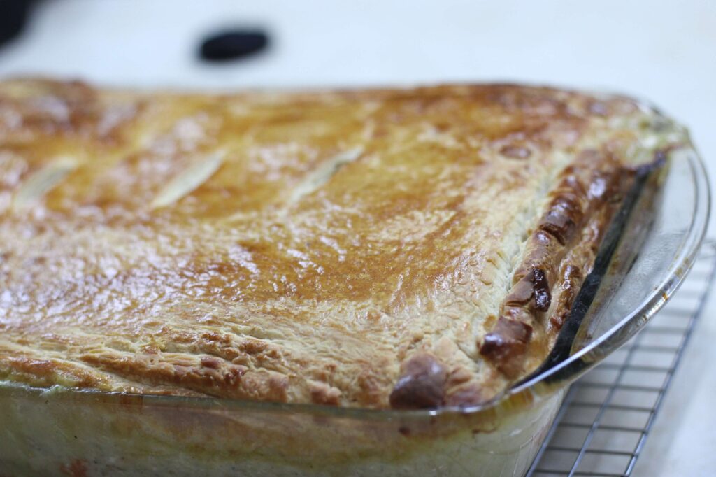 close up of sourdough pastry used for chicken pot pie casserole 