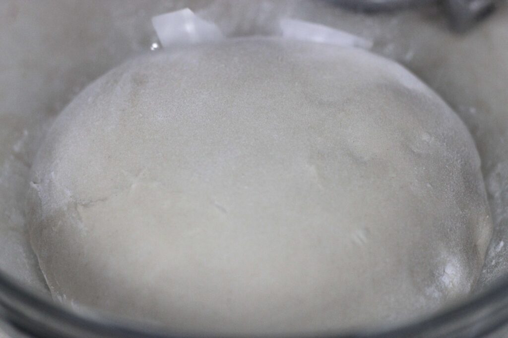 dough in a flour glass bowl ready for first rise 