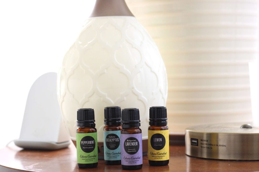 diffuser, essential oils, on a night stand 