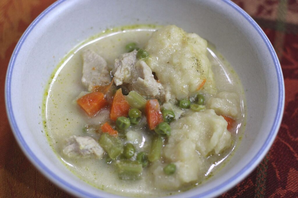 chicken and dumplings soup made with homemade chicken broth