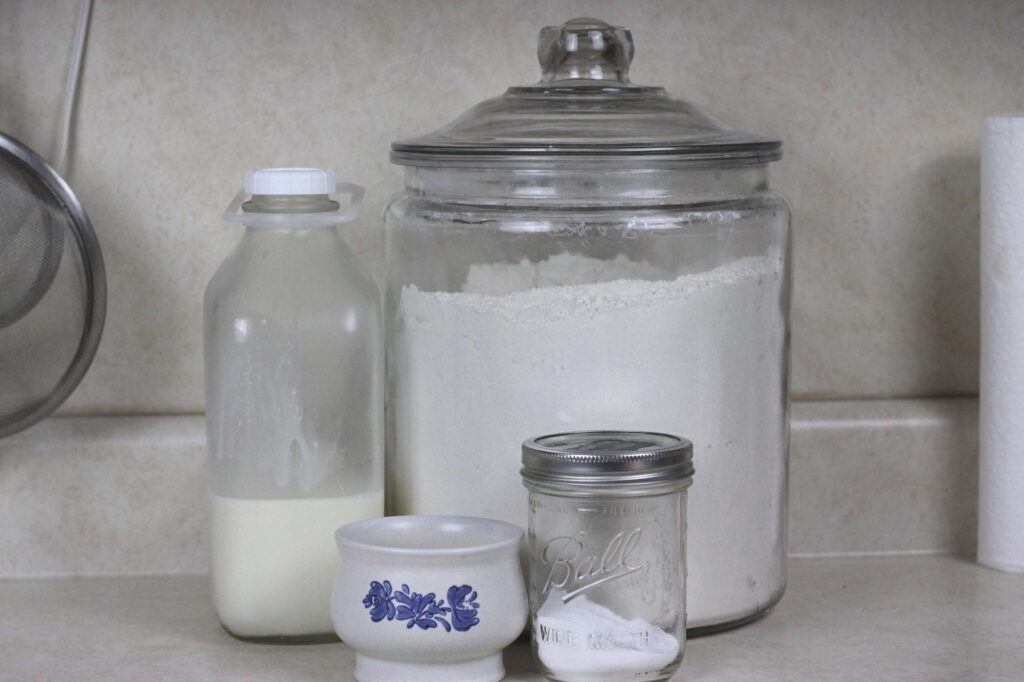flour, milk, salt and baking powder ingredients to make dumplings 