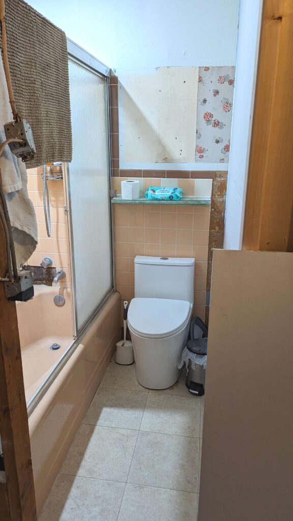 bathroom with no door in the middle of a house remodel project