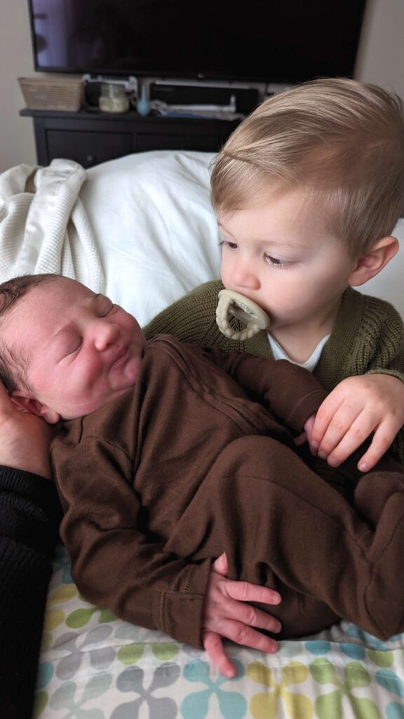 toddler holding newborn brother 