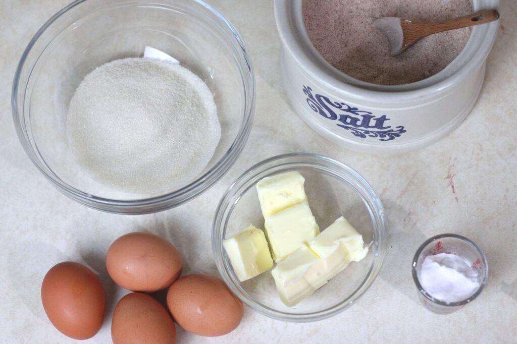 sugar. butter, salt, eggs, salt, and four brown eggs