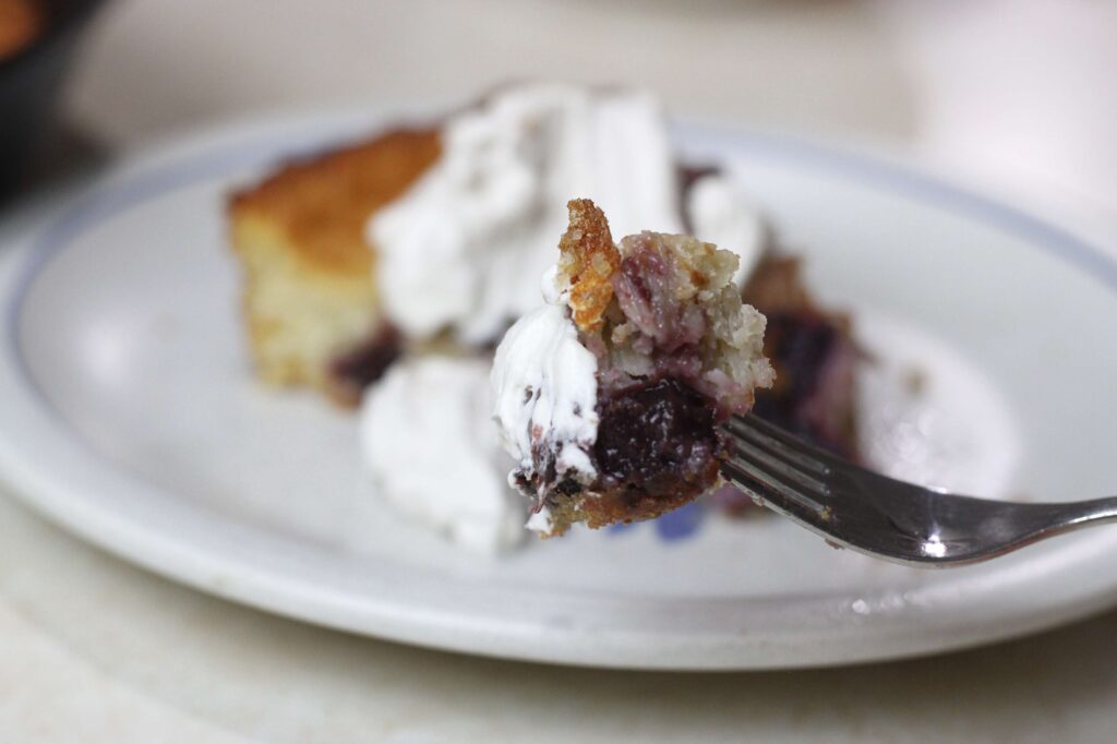 close up of sourdough cherry cobbler  piece on a fork 