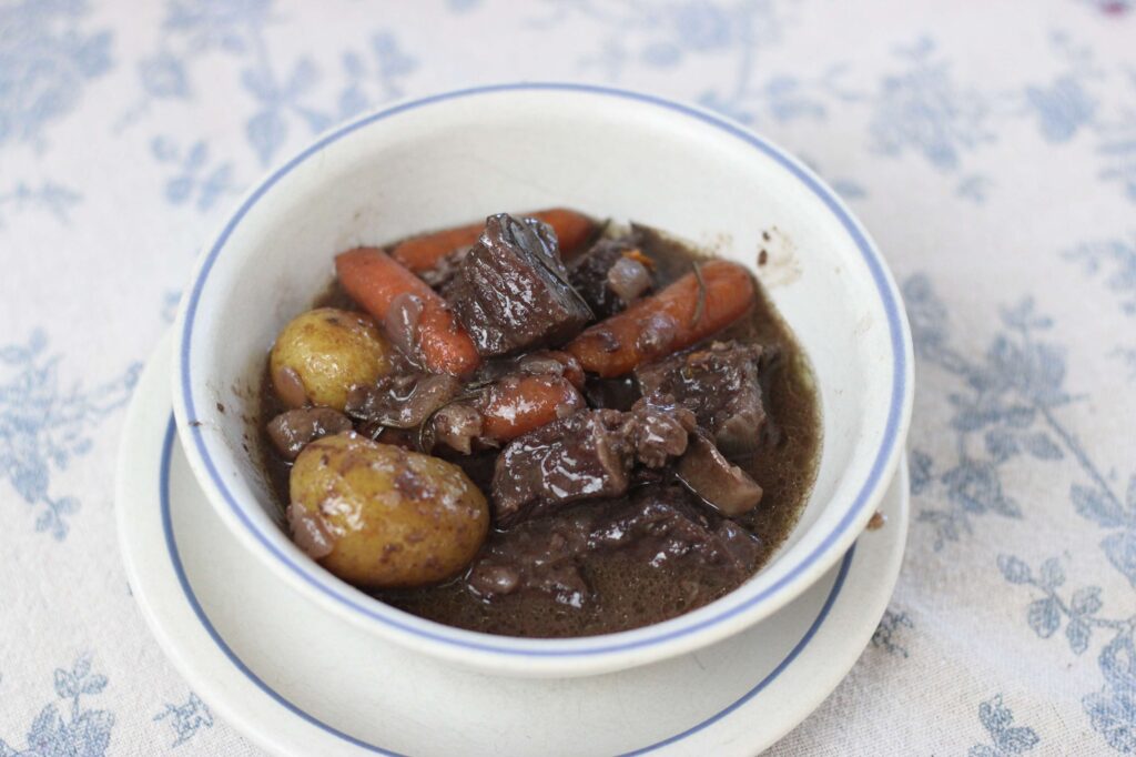 bowl of french beef stew or boeuf bourguignon 