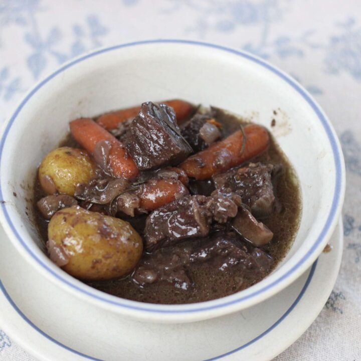 bowl of french beef stew or boeuf bourguignon