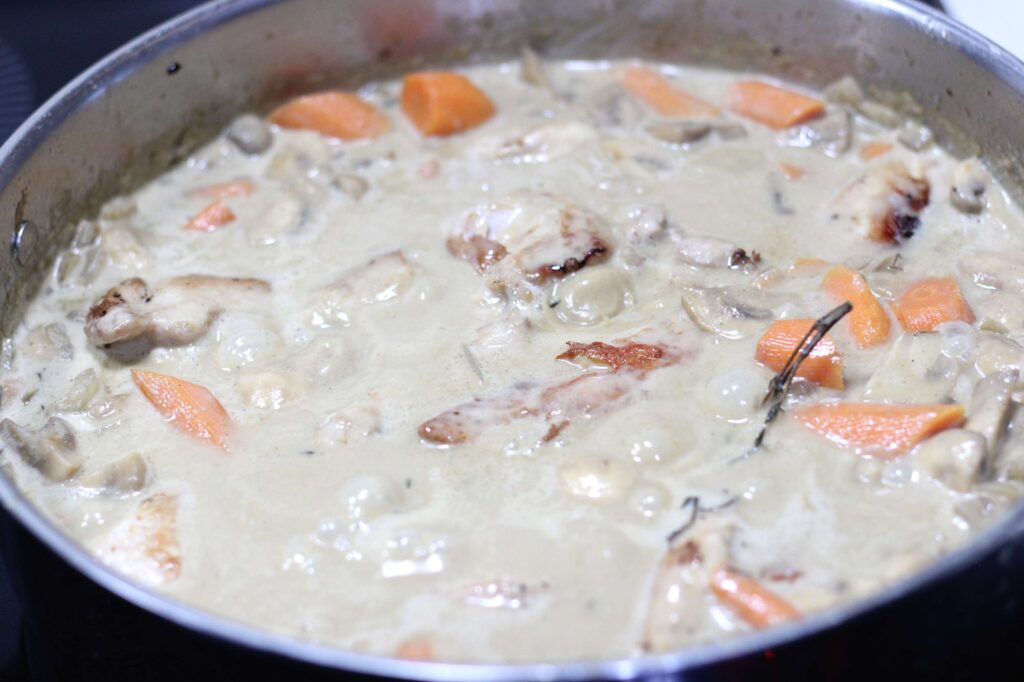 process shot of chicken fricassse cooking